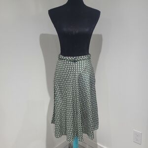 Stefanel Women's 100% Italian Silk Belted A-Line Midi Skirt 6 Green Black White